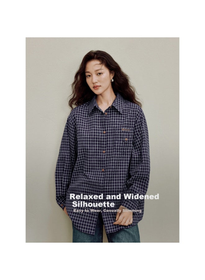 Inman Vintage Casual Embroidered Plaid Shirt Autumn Women's New Versatile Long Sleeve Shirt Royal Blue Plaid XL - Image 3