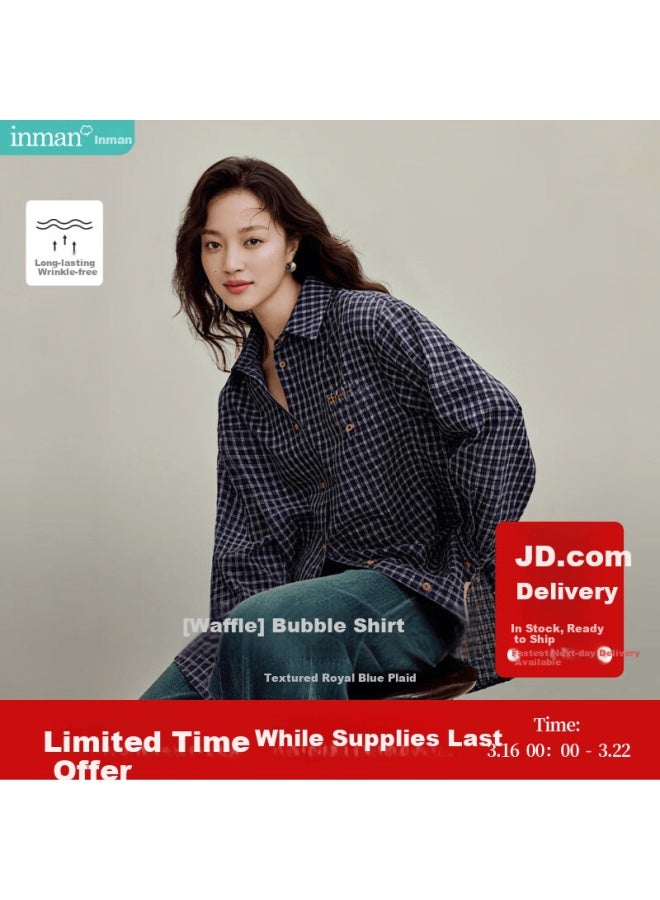 Inman Vintage Casual Embroidered Plaid Shirt Autumn Women's New Versatile Long Sleeve Shirt Royal Blue Plaid XL - Image 1