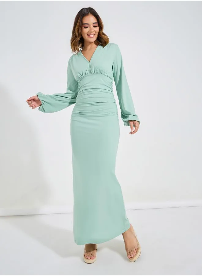 Causey Plain Gathered Volume Sleeves Maxi Dress