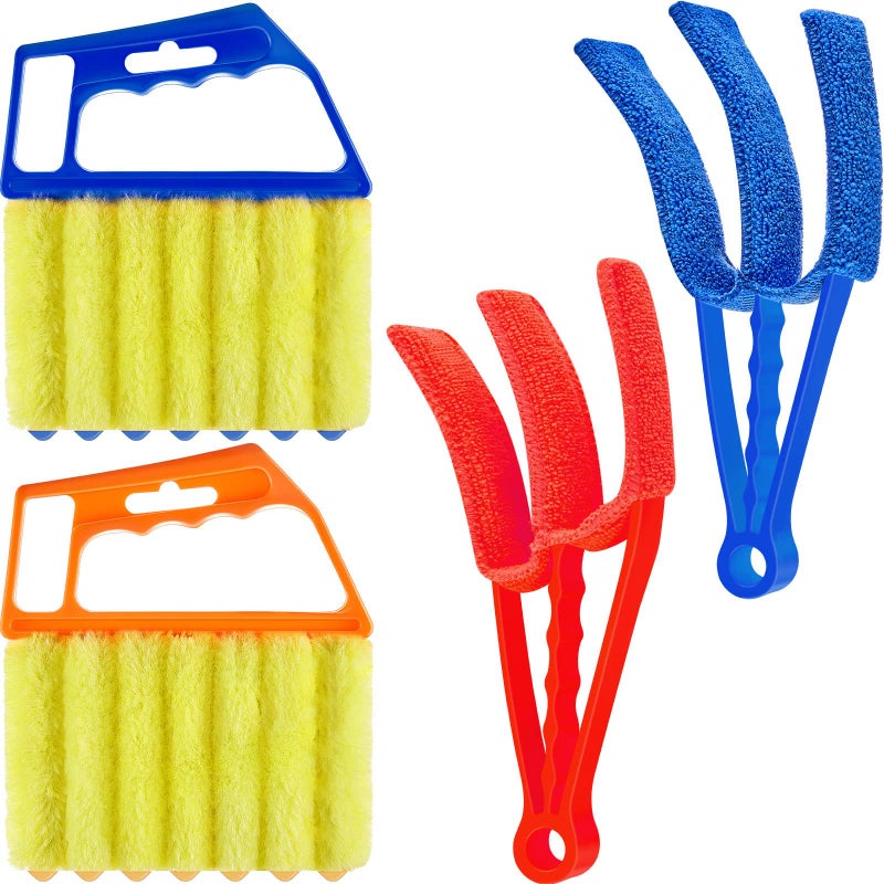 Romooa 4 Pcs Window Venetian Blind Cleaner Duster Tool 7 Finger Blind Rush and Shutter Cleaner Brush Handheld Window Shutter Air Conditioner Duster for DirtOrange Blue Red