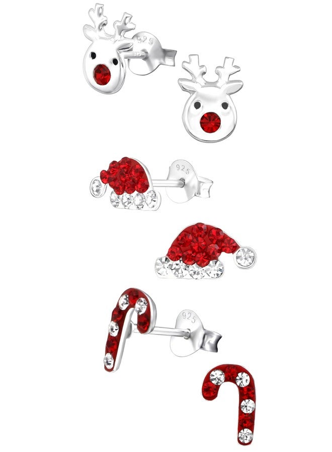 آيسروز أقراط مرصعة بكريستال عيد الميلاد باللونين الأحمر والأبيض على شكل عصا حلوى وقبعة رنة من الفضة الإسترليني عيار 925 (مجموعة من 3 قطع) 33415 - Image 1