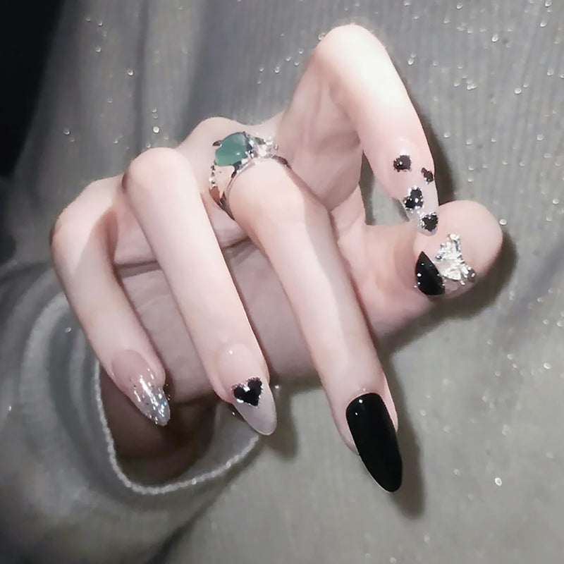 Black Heart Almond Press on Nails 24Pcs French Tips Glossy Full Cover Black Fake Nails with Love Heart Bow Designs Valentines day Medium False Nails Glue ons Fingernails with Charm for Women