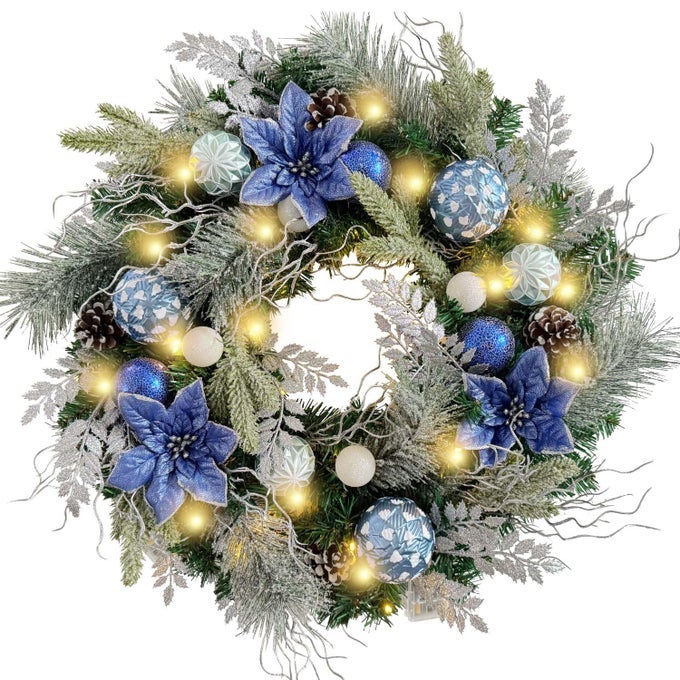 WANNACUL PRELIT 24 INCH CHRISTMAS WREATH FOR FRONT DOOR SILVER BLUE LIGHTED CHRISTMAS DOOR WREATH DECORATION WITH BALL ORNAMENTS POINSETTIA FLOWERSPINE CONES BATTERY OPERATED 30 LED LIGHTS