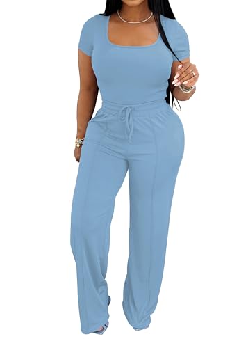 PINSV Women's 2 Piece Outfits Lounge Short Sleeve Tops High Waisted Wide Leg Pants Tracksuit Sets Light Blue S - Image 5