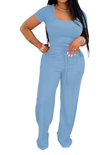 PINSV Women's 2 Piece Outfits Lounge Short Sleeve Tops High Waisted Wide Leg Pants Tracksuit Sets Light Blue S - Image 3