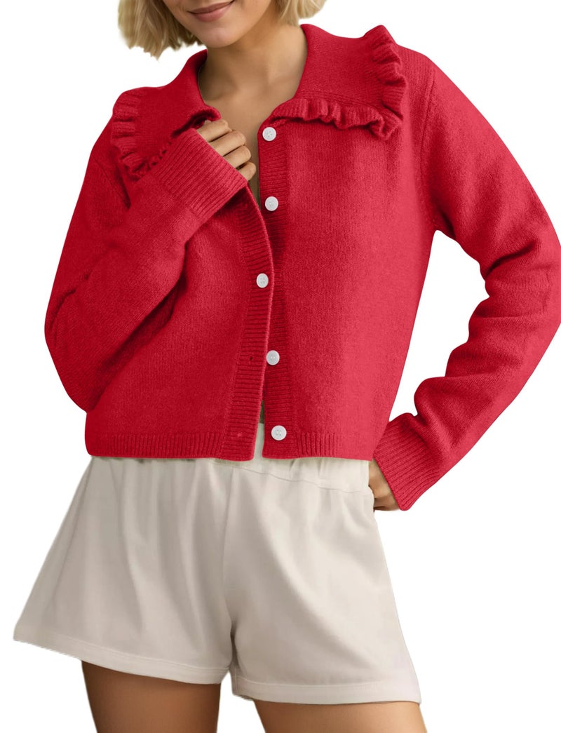 MISSACTIVER Women Ruffle Collar Cropped Cardigan Casual Lapel Button Down Sweaters Long Sleeve Open Front Knit Jacket Red - Image 1