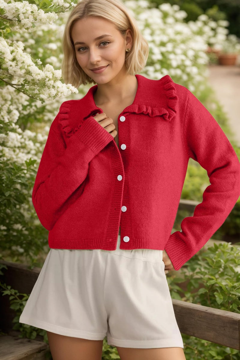 MISSACTIVER Women Ruffle Collar Cropped Cardigan Casual Lapel Button Down Sweaters Long Sleeve Open Front Knit Jacket Red - Image 3