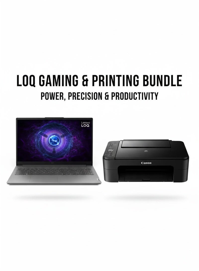 Lenovo LOQ Gaming Laptop With 15.6 Inch Full HD (1920x1080) IPS  Display, Core i5-12450HX Processor/16GB DDR5 RAM/512GB SSD/4GB Nvidia GeForce RTX 2050 Graphics/DOS(Without Windows)/ English/Arabic Grey & Pixma TS3340 A4 3-in-1 Colour ink Printer, USB, WiFi BlackBundle - Image 1