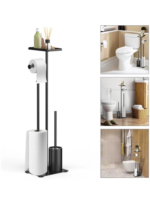 Toilet Paper Holder Stand, Bathroom Toilet Paper Roll Holder Stand, FreeStanding Toilet Paper Holder with Top Shelf Storage Reserve Tray, Bathroom Toilet Brushes & Weighted Base