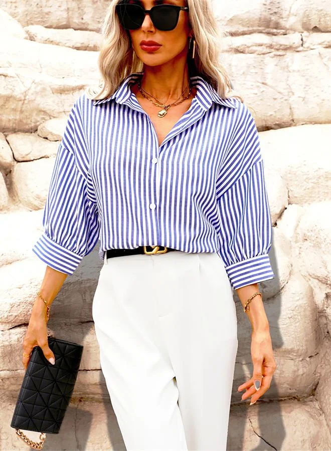 تايك تو Take Two Striped Button Up Spread Collar Shirt