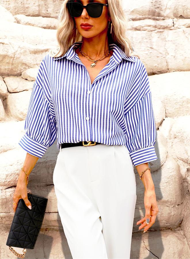 تايك تو قميص بأزرار مخططة بياقة واسعة - Image 2