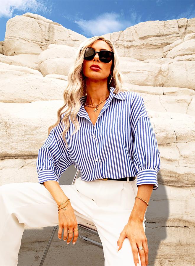 تايك تو قميص بأزرار مخططة بياقة واسعة - Image 1