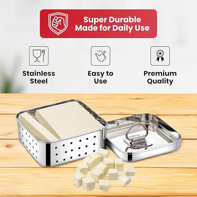 Missippi Stainless Steel Paneer Maker Mould Big Size, Paneer Press with Lid, Tofu Press Mould Maker (Square, 650ml Capacity), 12.5X12.5X5 Cm, Silver - Image 5