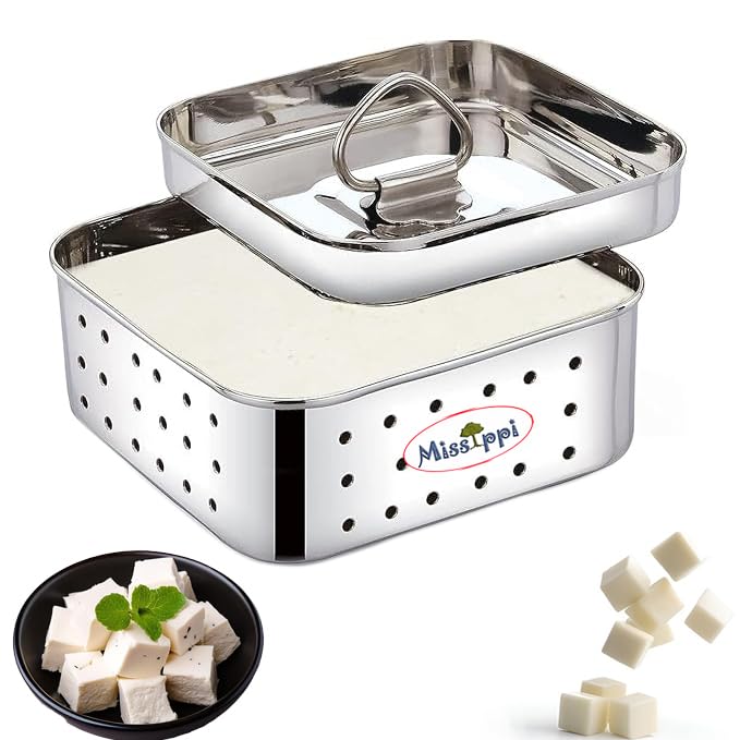 Missippi Stainless Steel Paneer Maker Mould Big Size, Paneer Press with Lid, Tofu Press Mould Maker (Square, 650ml Capacity), 12.5X12.5X5 Cm, Silver - Image 1