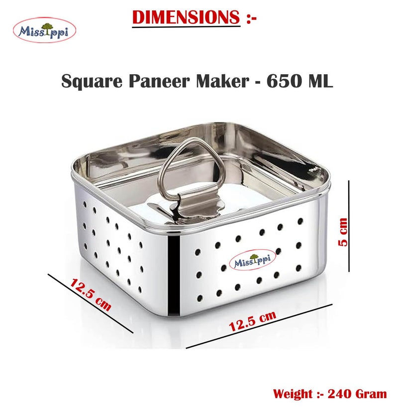 Missippi Stainless Steel Paneer Maker Mould Big Size, Paneer Press with Lid, Tofu Press Mould Maker (Square, 650ml Capacity), 12.5X12.5X5 Cm, Silver - Image 4