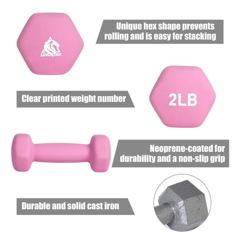 Lionscool Neoprene Coated Dumbbell Weights (Hot Pink 2Lb Pair) - Image 3