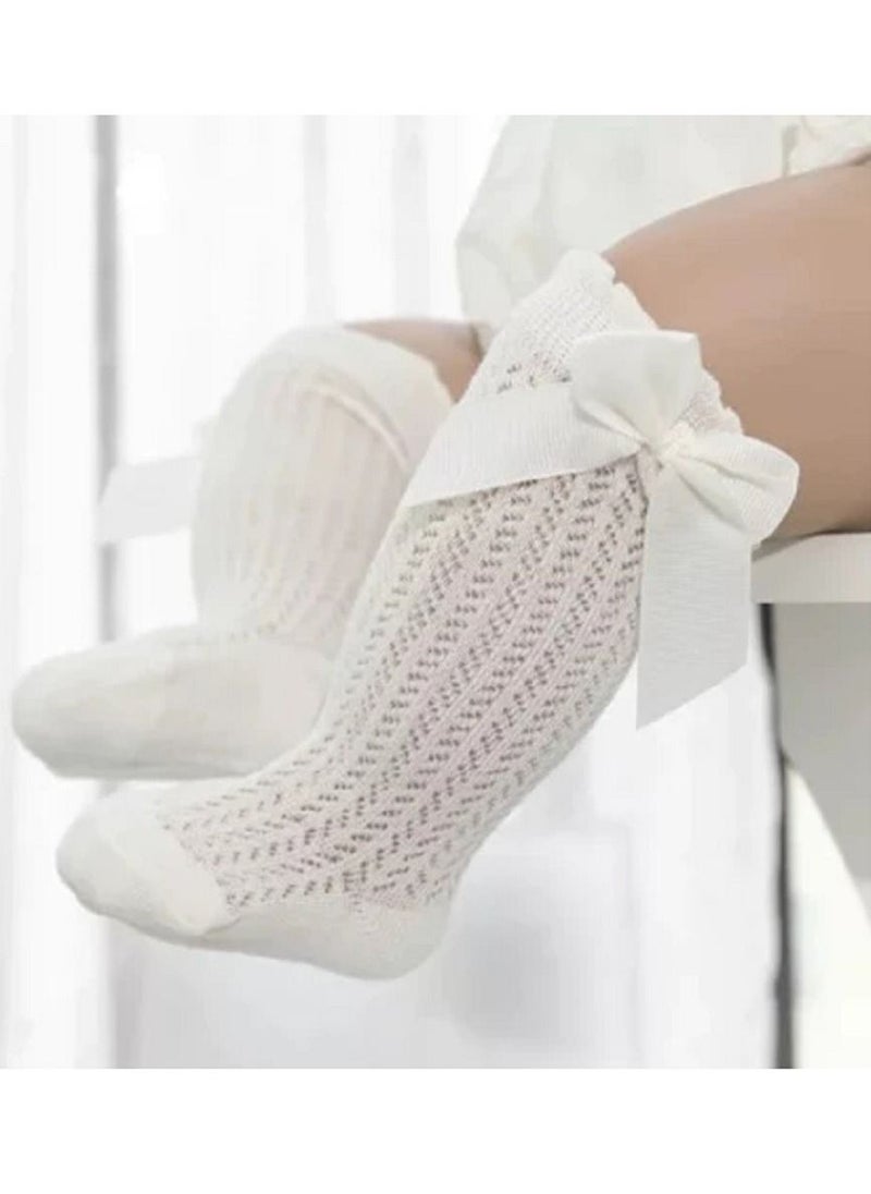 Generic - Little Girl's Knee High Socks with Ribbon, Breathable and Big Bowknot Decoration Soft Thin Middle-Length Sweet Stocking in Spring and Autumn - Image 1