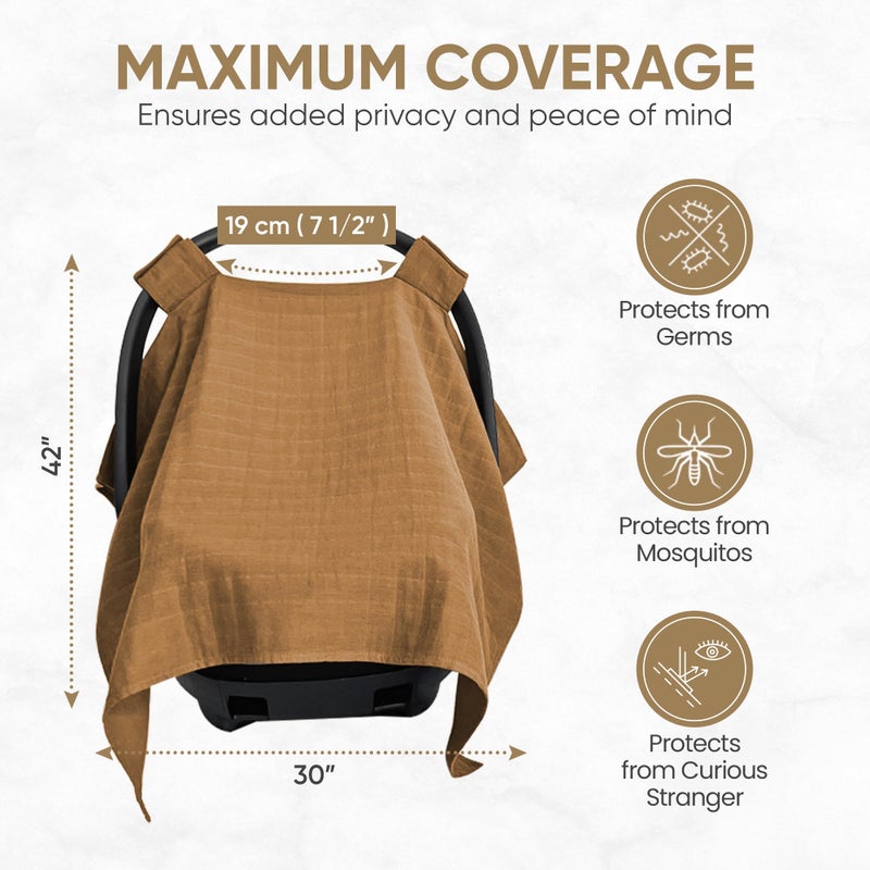 MOZAH Baby Car Seat Cover - Caramel Toffee - 100% Organic Muslin - Soft, Breathable and Lightweight, Baby Infant Car Seat Essentials - Image 3
