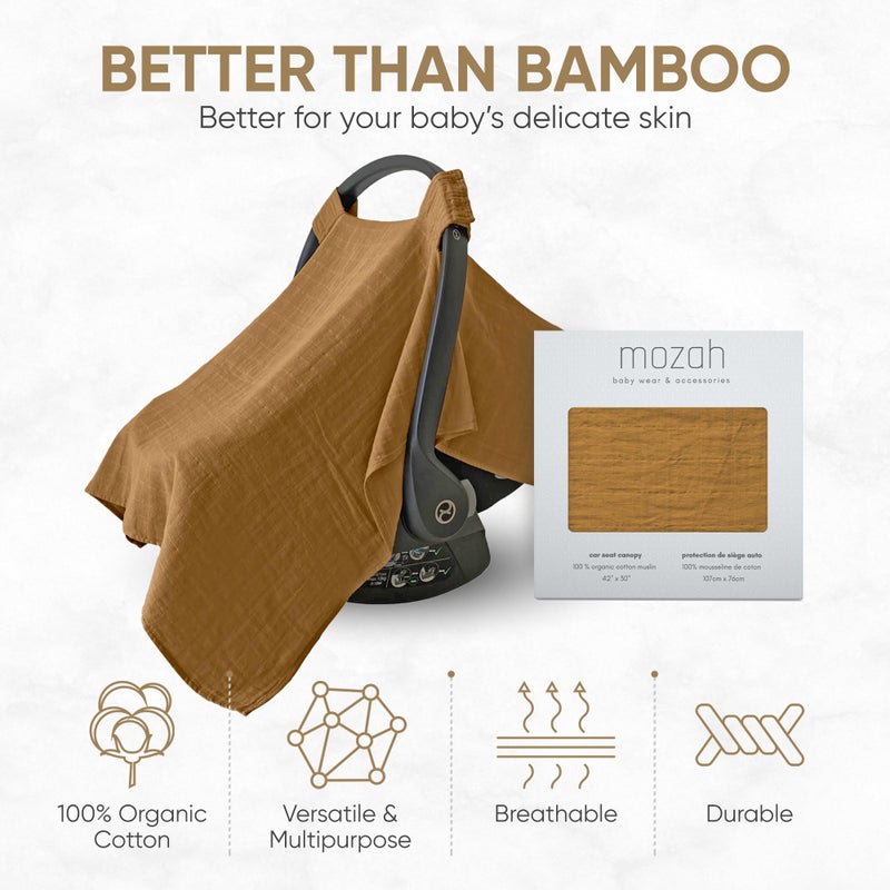 MOZAH Baby Car Seat Cover - Caramel Toffee - 100% Organic Muslin - Soft, Breathable and Lightweight, Baby Infant Car Seat Essentials - Image 5