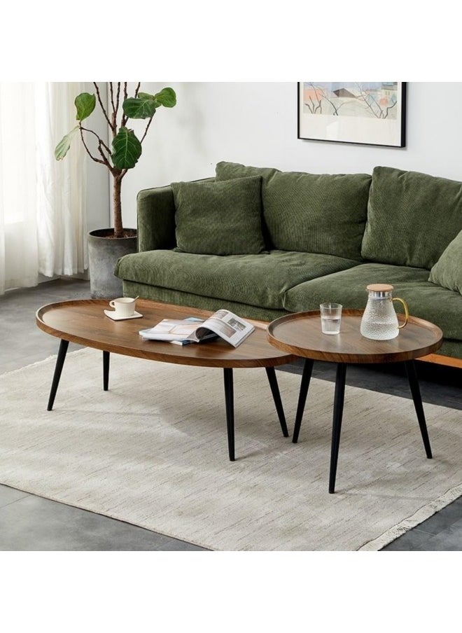GGEROU - Oval Nesting Coffee Table Set of 2, Round End Tables with Fluted, Creative Wooden Sofa Side TablesModern Center Table for Living Room Bedroom Office Balcony(Walnut) - Image 1
