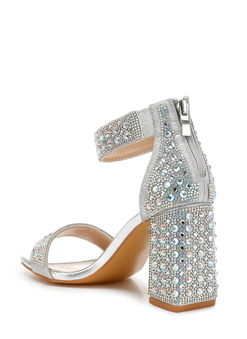 London Rag Rhinestones And Sequins Block Sandals in Silver