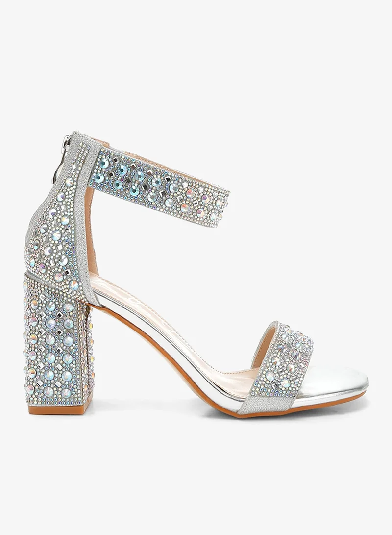 Rhinestones And Sequins Block Sandals in Silver