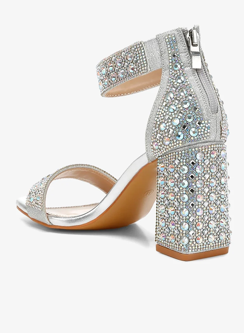 London Rag Silver Rhinestones And Sequins Block Sandals in Silver for Women | Best Price UAE