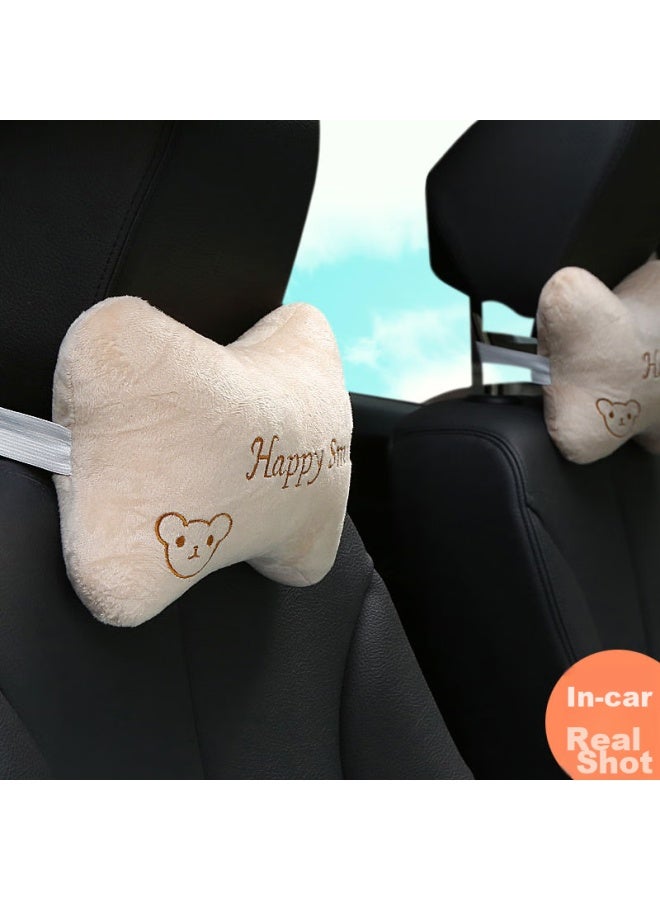 Ornaments Huashi Car Seat Backrest And Headrest Set, Cartoon Embroidered Style, 4-piece Set - Bear Pattern, Beige - Image 5