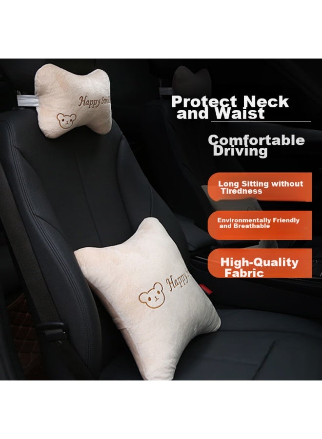 Ornaments Huashi Car Seat Backrest And Headrest Set, Cartoon Embroidered Style, 4-piece Set - Bear Pattern, Beige - Image 1