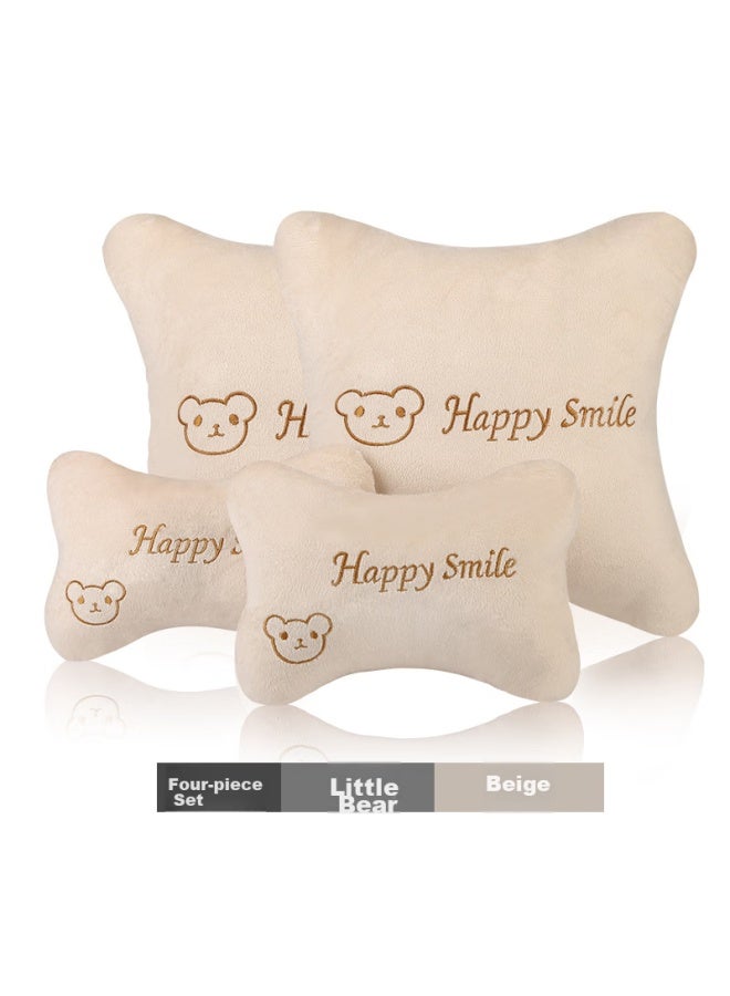 Ornaments Huashi Car Seat Backrest And Headrest Set, Cartoon Embroidered Style, 4-piece Set - Bear Pattern, Beige - Image 2