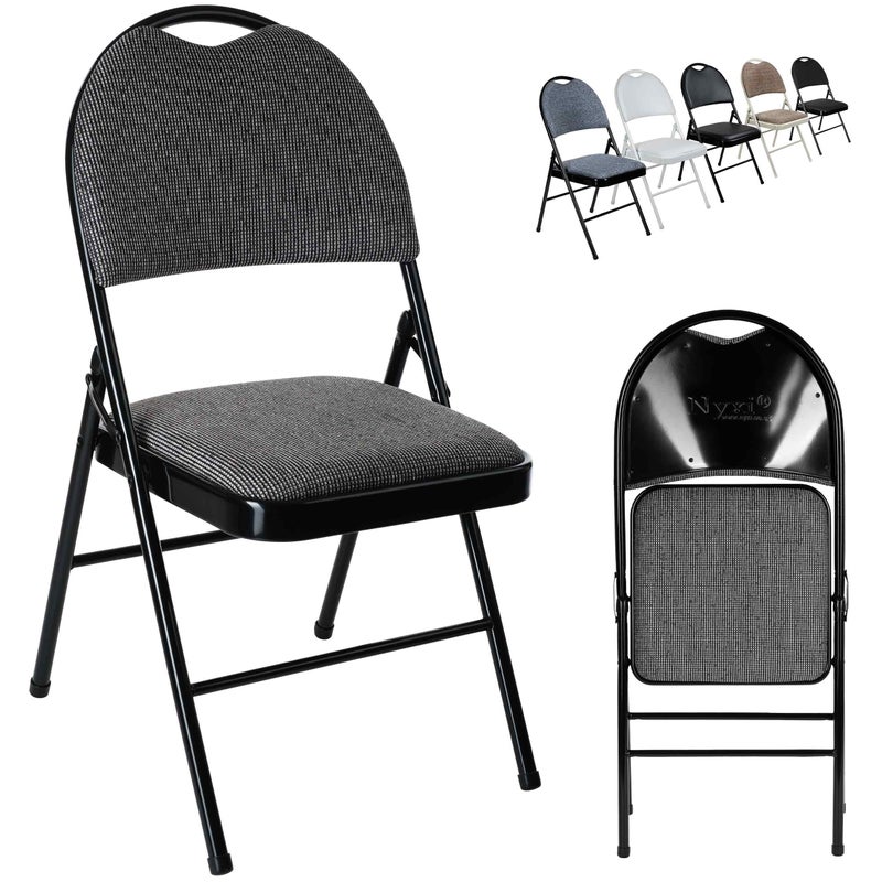 Nyxi Set of 2 Folding Chairs Premium Quality with Padded Fabric or PVC Seats Metal Frame Foldable Chair Home Office Dinning Heavy Duty MultiPurpose Indoor  Outdoor Grey Fabric