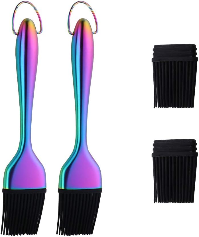 mingcheng 2 Pack Grill Basting Brush with 2 Pack Back Up Silicone Brush Heads, No Shed Bristles Stainless Steel Handles Heatproof Rust Resistant, Pastry Brushes for Kitchen Cooking BBQ, Dishwasher Safe Rainbow - Image 1