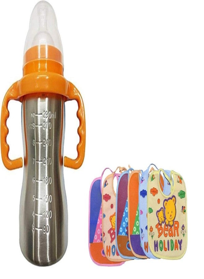 Ineffable Baby Steel Feeding Bottle for Hot and Cold Milk 290ml + Baby Knot Feeding Bib Combo ((Orange 290))