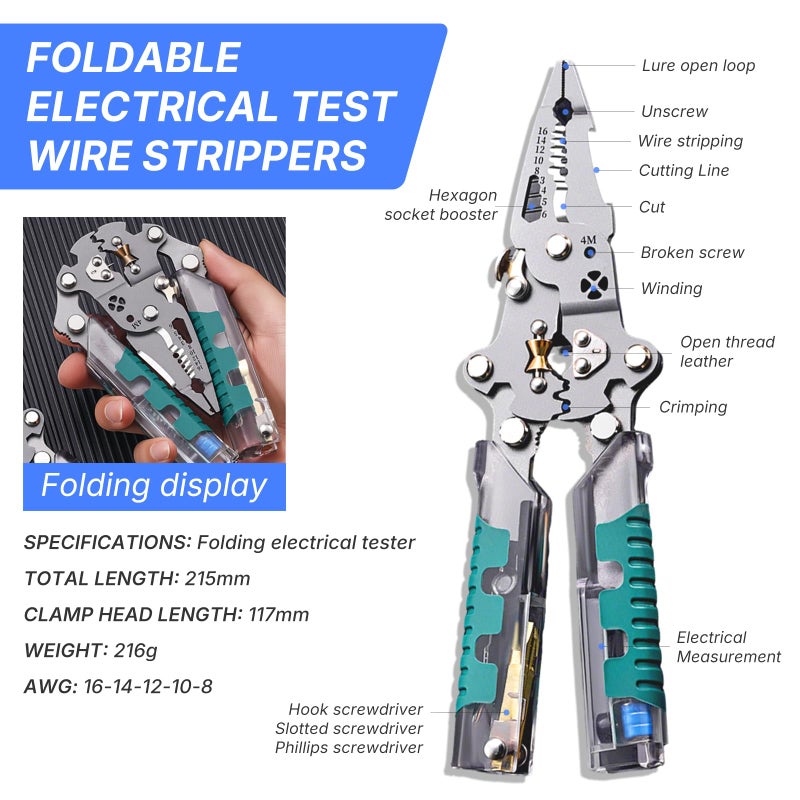 DIMOT Folding Stylus Screwdriver Wire Stripper, 18-in-1 Multifunctional Tuvilo Electrical Pliers, Chrome Vanadium Steel, Wire Cutter with Electricity Tester, Crimper, Cable Splitter for Electrical Work - Image 5