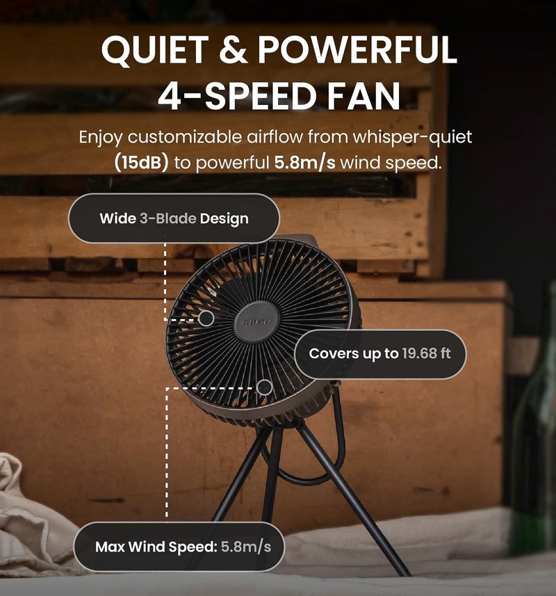 Claymore V600+ Black Rechargeable Portable Fan – 7,800mAh Battery, 4-Speed BLDC Ultra-Quiet Air Circulator USB-C Charging 32 Hrs Runtime Tripod Mountable Adjustable for Camping, Indoor, Outdoor - Image 4