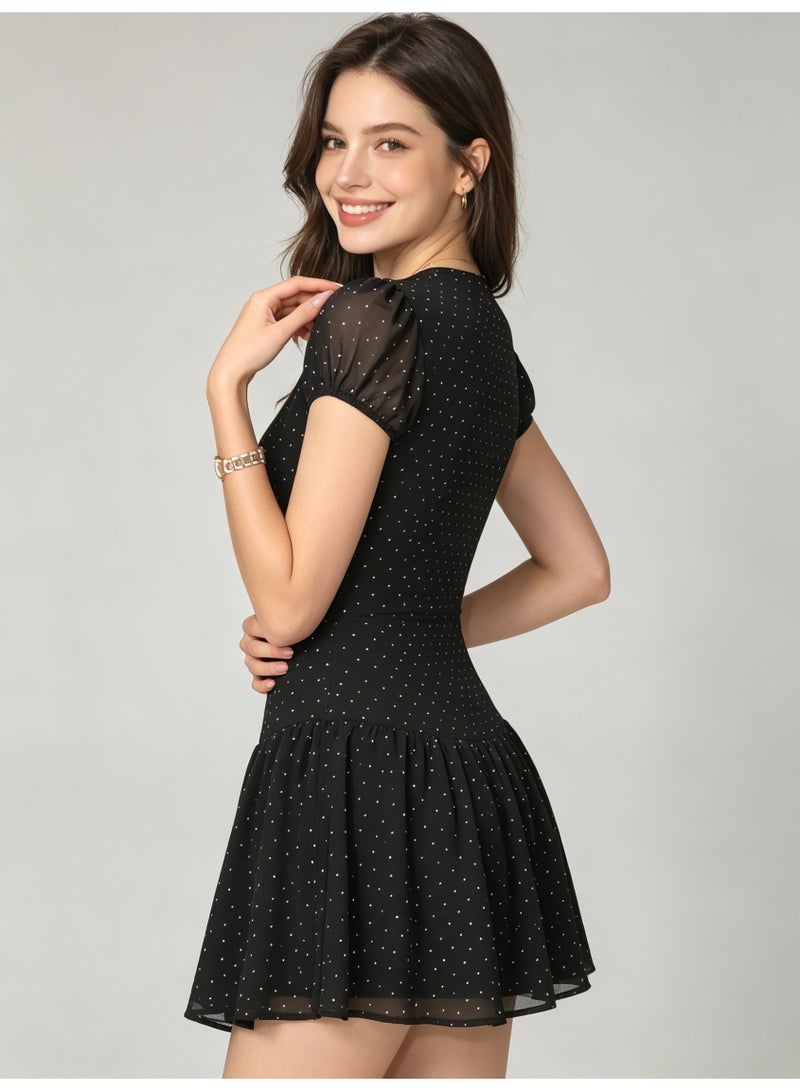 زارا ZARA Women’s Black White Polka Dot Puff Short Sleeve V-Neck Chiffon Mini Dress - Image 5