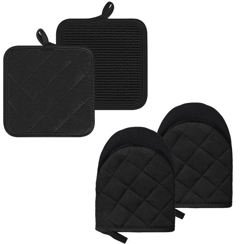 Goldmeet Oven Mitts and Pot Holders Set  Pack of 4  Heat Resistant Silicone Kitchen Mini Oven Mittens for 500 Degrees  Mini Oven Gloves and Hot Pads for Baking Grilling Barbecue Microwave Machine Washable - Image 1