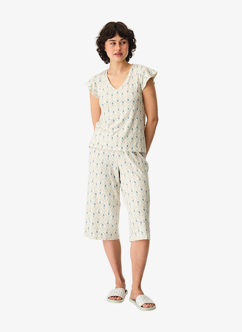 بنتي Women's Beige Short Sleeve Polyester Pyjama Set with Capri Pants