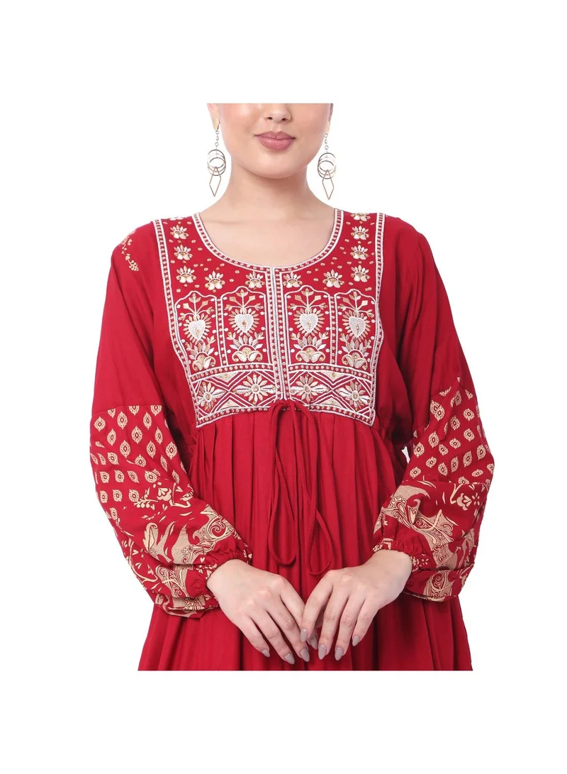 هانا آند سارا EMBROIDERED WITH PRINTED SOLID RED COLOUR ARABIC JALABIYA DRESS