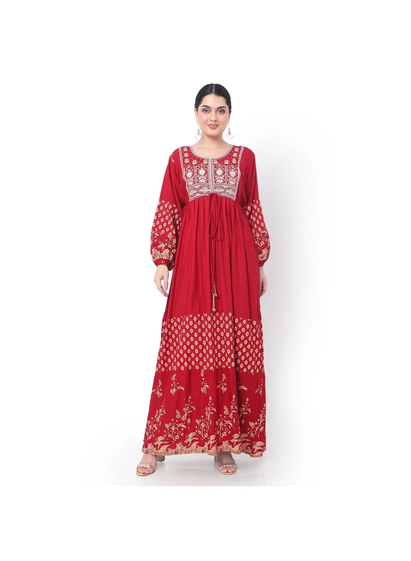 هانا آند سارا EMBROIDERED WITH PRINTED SOLID RED COLOUR ARABIC JALABIYA DRESS