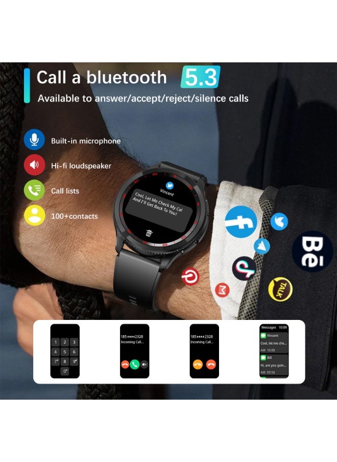 PEJE Rotatable Dial Smart Watches for Men - 1.43" AMOLED, Call Function, 123+ Sports Modes, 3ATM Waterproof. Tracks SpO2/Heart Rate/Sleep. Includes Spare Strap. Android/iOS Compatible.(Black)