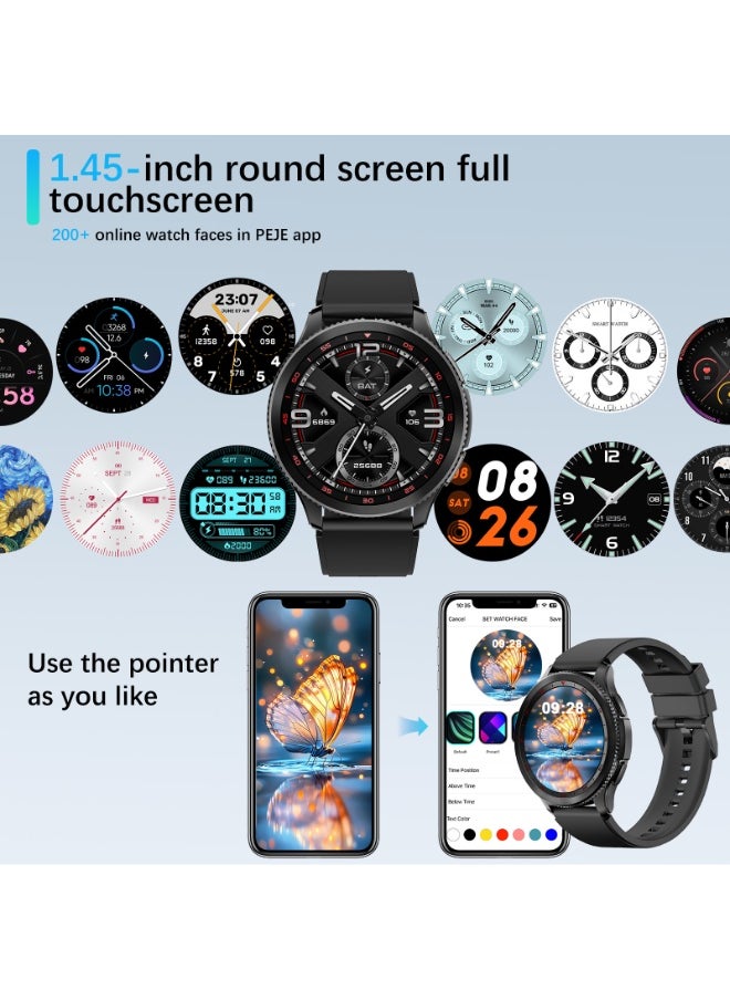 PEJE Rotatable Dial Smart Watches for Men - 1.43" AMOLED, Call Function, 123+ Sports Modes, 3ATM Waterproof. Tracks SpO2/Heart Rate/Sleep. Includes Spare Strap. Android/iOS Compatible.(Black)