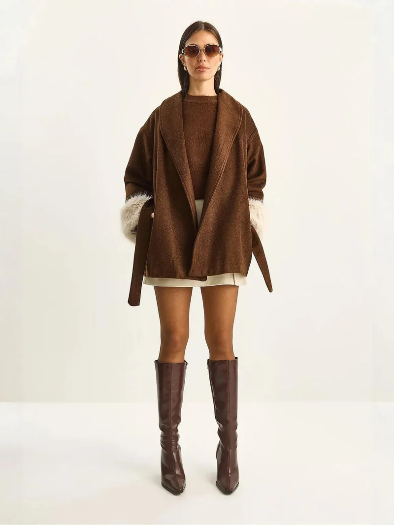 Bianco Lucci LUCCI Oversized Plush Jacket with Faux Fur Sleeve Detail