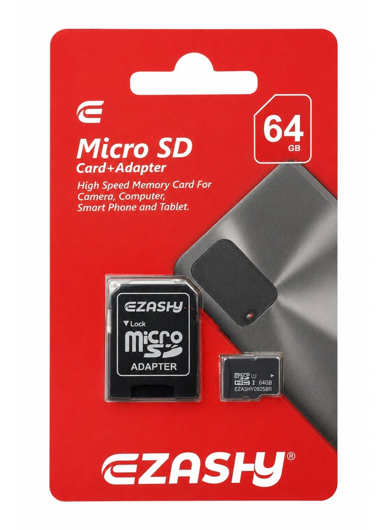 بطاقة ذاكرة مايكرو اس دي microSDXC عالية السرعة من EZASHY بسعة 64 جيجابايت مع محول SD