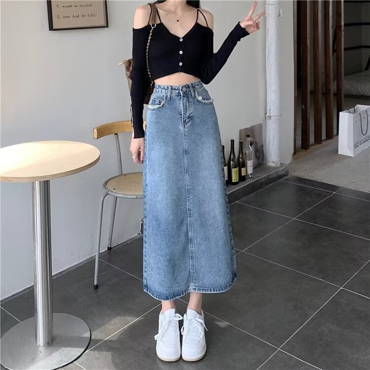 Retro Flap Pocket Pants Raw Edge Design Slit Denim Skirt Women'S Mid-Length Skirt Summer Korean Trend - Image 3