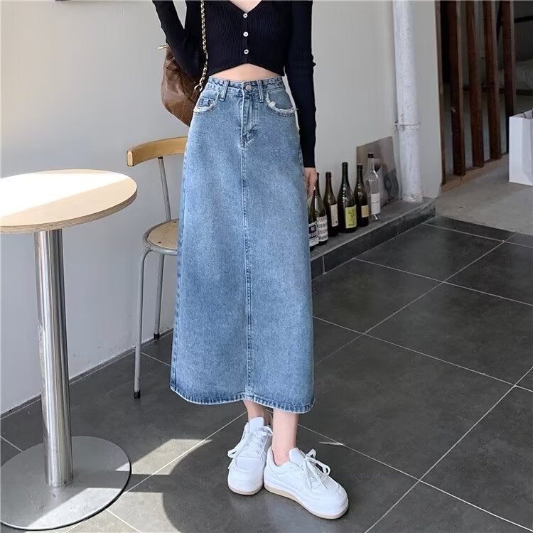 Retro Flap Pocket Pants Raw Edge Design Slit Denim Skirt Women'S Mid-Length Skirt Summer Korean Trend - Image 5