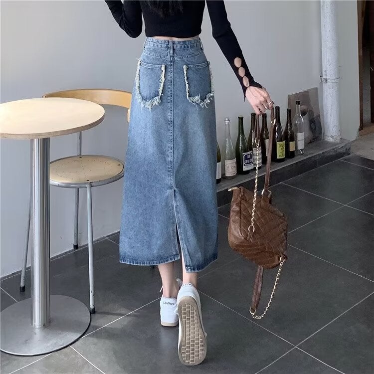Retro Flap Pocket Pants Raw Edge Design Slit Denim Skirt Women'S Mid-Length Skirt Summer Korean Trend - Image 2