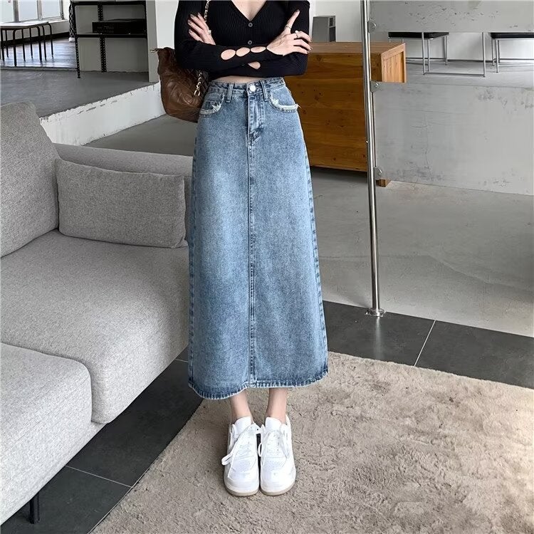 Retro Flap Pocket Pants Raw Edge Design Slit Denim Skirt Women'S Mid-Length Skirt Summer Korean Trend - Image 4