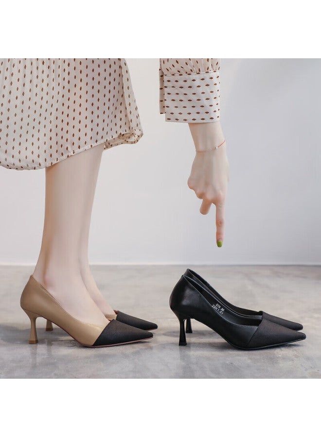 ZHR Women'S High Heels Fine Heel French Style Chanel Wind Ol Color Matching Versatile Commuting Professional Shoes Women'S Pointed Shallow Mouth Elegant Single Shoes Women U76 Black 39 - Image 4
