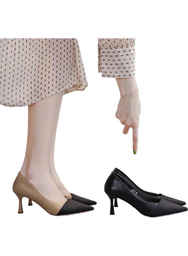 ZHR Women'S High Heels Fine Heel French Style Chanel Wind Ol Color Matching Versatile Commuting Professional Shoes Women'S Pointed Shallow Mouth Elegant Single Shoes Women U76 Black 39 - Image 3